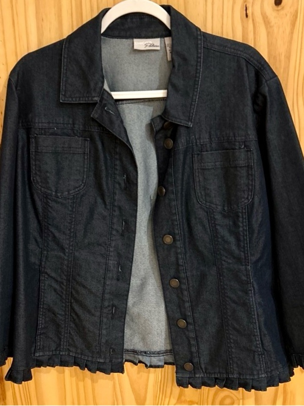 Dark navy denim jacket Chico’s Platinum size 3 which is XL (16) with ruffled hem
